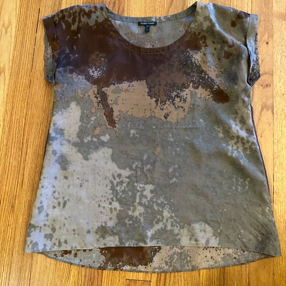 Eileen Fisher Short Sleeve Silk Round Neck Blouse - Abstract Muted Fall Colors - - Picture 4 of 4